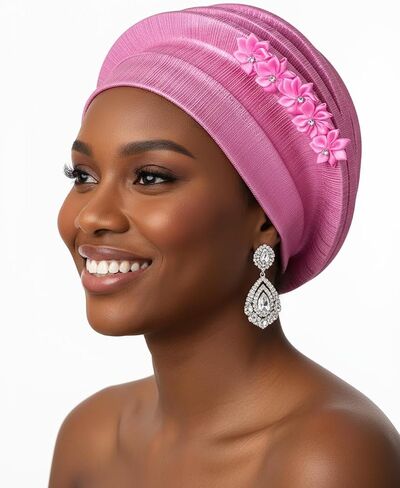 Woeoe Women Auto Gele Headwraps Gold Flower African Turban Pre Tied Beanie Caps Headwear in Saudi Arabia