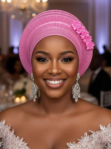 Woeoe Women Auto Gele Headwraps Gold Flower African Turban Pre Tied Beanie Caps Headwear in Saudi Arabia