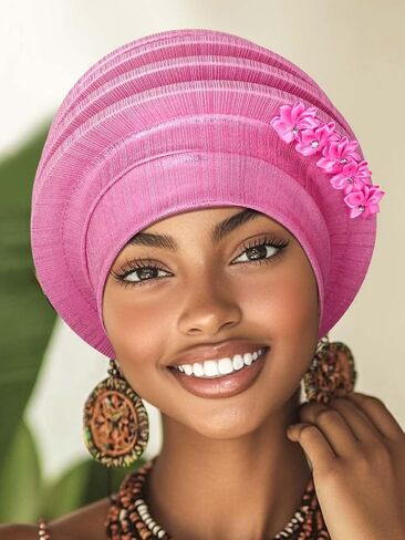 Woeoe Women Auto Gele Headwraps Gold Flower African Turban Pre Tied Beanie Caps Headwear in Saudi Arabia