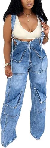 LAJIOJIO Denim Overalls for Women Casual Wide Leg Pants Baggy Jean Vintage Jumpsuit with Pockets in Saudi Arabia
