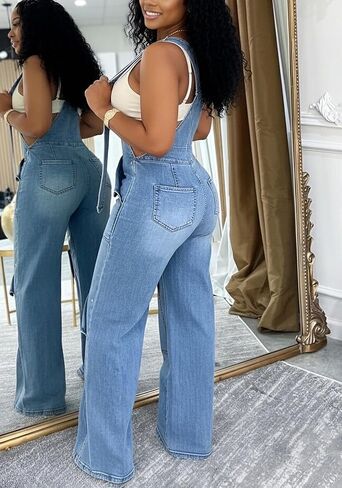 LAJIOJIO Denim Overalls for Women Casual Wide Leg Pants Baggy Jean Vintage Jumpsuit with Pockets in Saudi Arabia