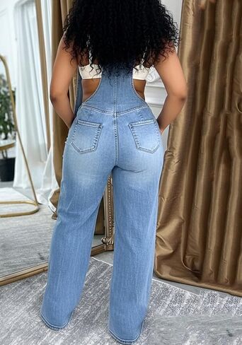 LAJIOJIO Denim Overalls for Women Casual Wide Leg Pants Baggy Jean Vintage Jumpsuit with Pockets in Saudi Arabia