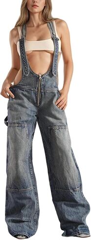 LAJIOJIO Denim Overalls for Women Casual Wide Leg Pants Baggy Jean Vintage Jumpsuit with Pockets in Kuwait