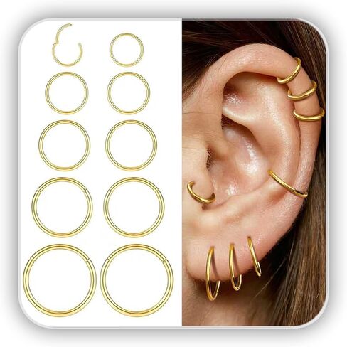 10PCS 16G Gold Nose Rings Hoops Set for Women Men, Hypoallergenic 316L Surgical Stainless Steel Hinged Clicker Earrings for Nose Helix Cartilage Tragus Body Piercing Jewelry 8mm 10mm 12mm 14mm 16mm in Saudi Arabia