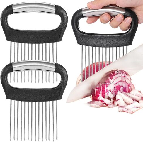 JAYVAR Large Onion Holder for Slicing, 3Pieces Large Tomato Slicer, Stainless Steel Onion Chopper Vegetable Cutter for Potato Lemon, Meat Tenderizer Tool, Kitchen Food Slicer Guide for Neat Slicing in Saudi Arabia