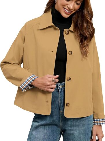 Womens Cropped Trench Coat Single Breasted Classic Lapel Overcoat Plaid Lined Oversized Outerwear in Saudi Arabia