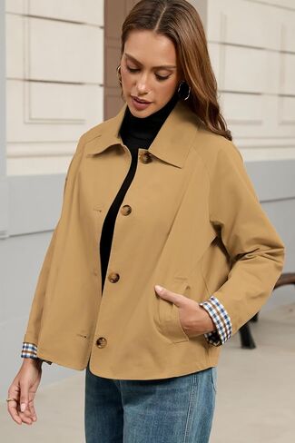 Womens Cropped Trench Coat Single Breasted Classic Lapel Overcoat Plaid Lined Oversized Outerwear in Saudi Arabia