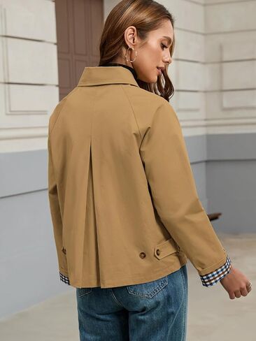Womens Cropped Trench Coat Single Breasted Classic Lapel Overcoat Plaid Lined Oversized Outerwear in Saudi Arabia
