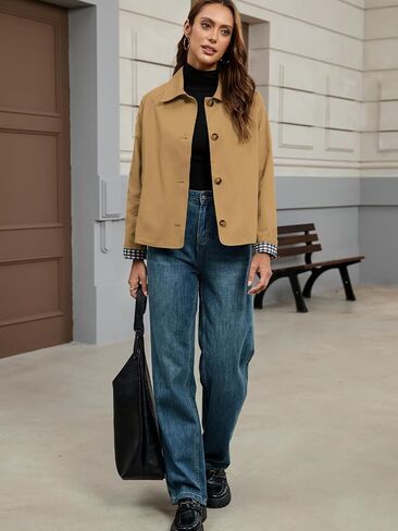 Womens Cropped Trench Coat Single Breasted Classic Lapel Overcoat Plaid Lined Oversized Outerwear in Saudi Arabia