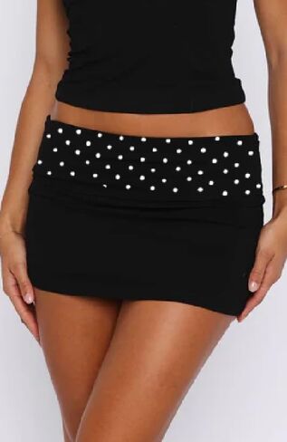 Amiblvowa Mini Skirt for Women Y2k Low Rise Elastic Waist Fold Over Skinny Short Pencil Skirts Cute Foldover Bodycon Bottoms in Saudi Arabia