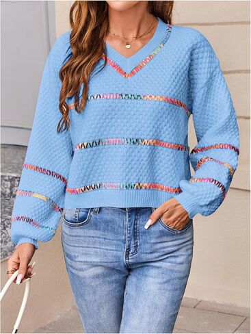 Verdusa Women's Striped Oversized Sweaters Vacation Drop Shoulder Pullover Rainbow Striped Sweater in Saudi Arabia