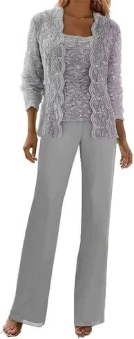 3 Pieces Chiffon Lace Mother of The Bride Pant Suits with Jackets Sequins Wedding Guest Dresses for Women in Saudi Arabia