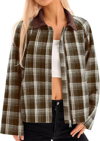 Tankaneo Womens Plaid Cropped Jackets Barn Lightweight Flannel Zip Up Utility Coat Casual Short Jacket with Pockets in Saudi Arabia