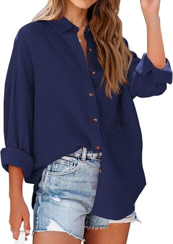 NOLLSOM Women Casual Button Down Fall Blouses 2023 Long Sleeve Solid Business Work Tops Cute Relaxed Fit Shirts with Pocket in Kuwait