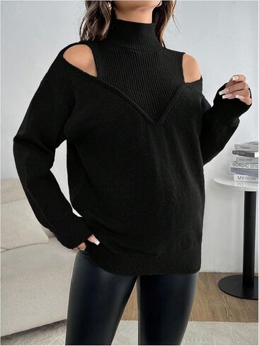 MakeMeChic Women's Maternity Sweater Mock Neck Cold Shoulder Long Sleeve Pregnancy Tops in Saudi Arabia
