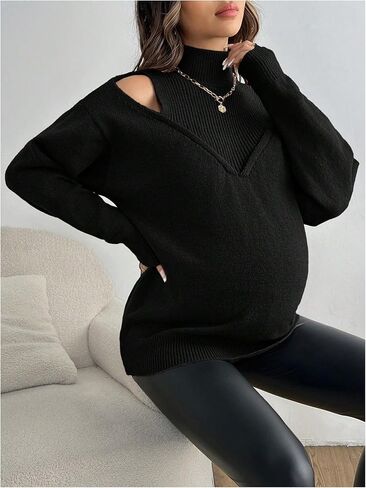 MakeMeChic Women's Maternity Sweater Mock Neck Cold Shoulder Long Sleeve Pregnancy Tops in Saudi Arabia