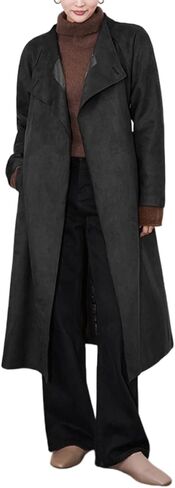 utcoco Womens Faux Suede Long Trench Coat Open Front Leather Trench Overcoat with Belt in Saudi Arabia