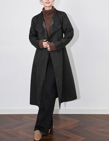 utcoco Womens Faux Suede Long Trench Coat Open Front Leather Trench Overcoat with Belt in Saudi Arabia