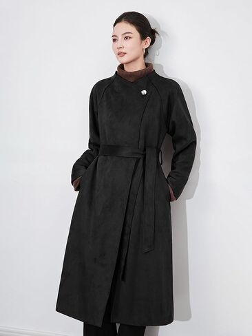 utcoco Womens Faux Suede Long Trench Coat Open Front Leather Trench Overcoat with Belt in Saudi Arabia