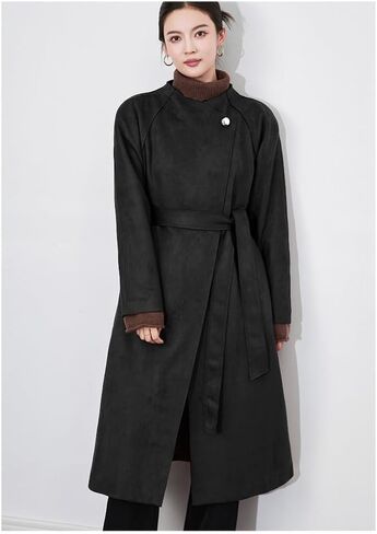 utcoco Womens Faux Suede Long Trench Coat Open Front Leather Trench Overcoat with Belt in Saudi Arabia