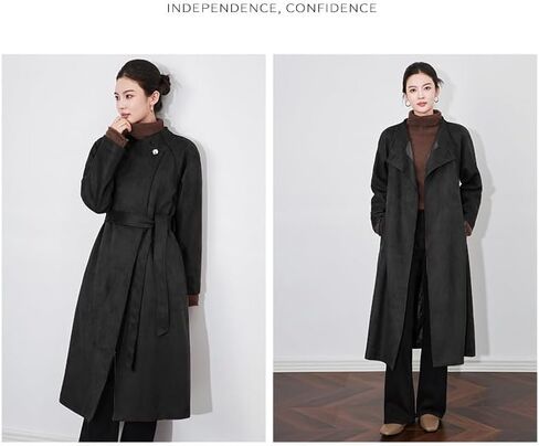 utcoco Womens Faux Suede Long Trench Coat Open Front Leather Trench Overcoat with Belt in Saudi Arabia