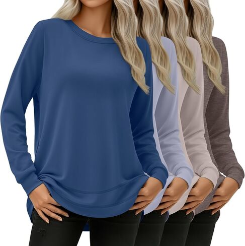 4 Pack Women's Long Sleeve Shirts, Crew Neck Cotton Tees Curved Hem Tunic Pullover Sweatshirts Knit Loose T-Shirts in Saudi Arabia