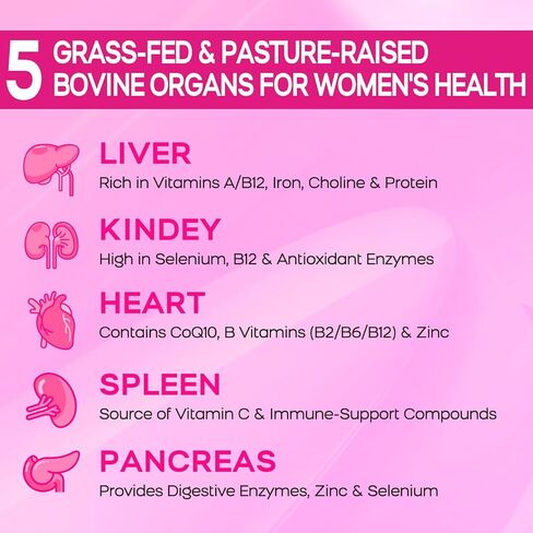 Beef Organ Supplement for Women(Beef Liver, Heart, & 3 More) - 100% Grass Fed, Pasture Raised Cattle, Primal & Ancestral Female-Optimized Supplements for Hormone & Energy Support - 120 Capsules in Kuwait