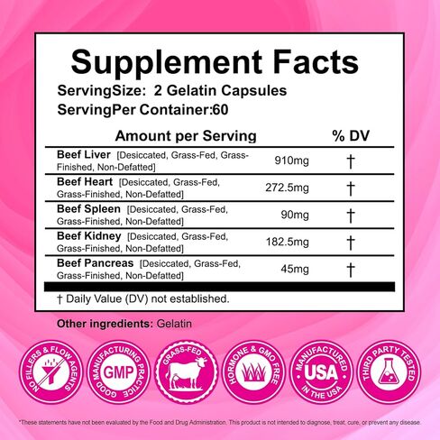 Beef Organ Supplement for Women(Beef Liver, Heart, & 3 More) - 100% Grass Fed, Pasture Raised Cattle, Primal & Ancestral Female-Optimized Supplements for Hormone & Energy Support - 120 Capsules in Kuwait