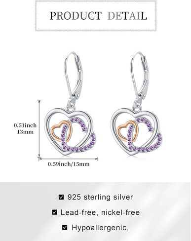 Heart Dangle Earrings 925 Sterling Silver Hypoallergenic Drop Earrings Double Heart Jewelry Gifts for Women Girls Birthday in Saudi Arabia