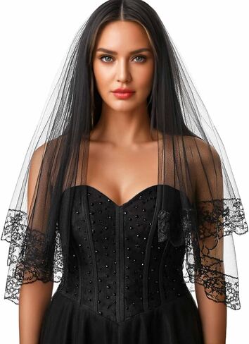 Acenail Black Veil Brides Wedding Veils Lace Short Bridal Veil Fingertip Women’s Veil Halloween Veil 2T Veil with Comb in Kuwait