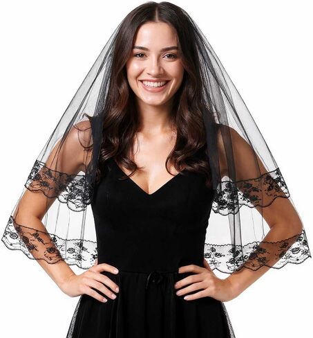 Acenail Black Veil Brides Wedding Veils Lace Short Bridal Veil Fingertip Women’s Veil Halloween Veil 2T Veil with Comb in Kuwait