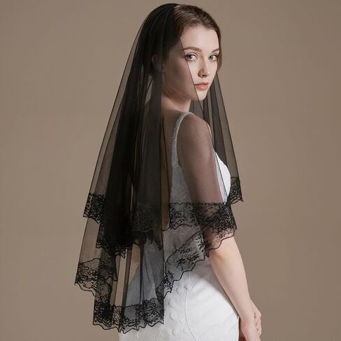Acenail Black Veil Brides Wedding Veils Lace Short Bridal Veil Fingertip Women’s Veil Halloween Veil 2T Veil with Comb in Kuwait