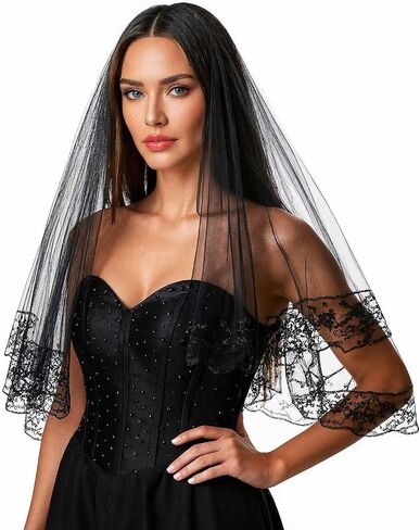 Acenail Black Veil Brides Wedding Veils Lace Short Bridal Veil Fingertip Women’s Veil Halloween Veil 2T Veil with Comb in Kuwait