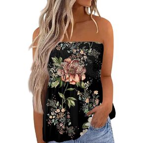 Womens Strapless Bandeau Tank Tops Tube Tops Floral Tanks Smocked Ruffled Backless Casual Bandeau Sleeveless Shirts in Saudi Arabia