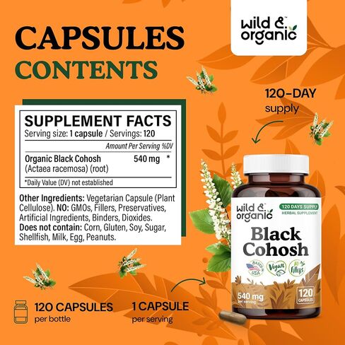 Cohosh الأسود البري والعضوي للنساء كبسولات 540 ملغ - الدعم الطبيعي - ملحق جذر Cohosh الأسود - Actaea Racemosa Herb - 90 يومًا من الإمداد - نباتي ، بدون مواد حشو ، غير معدلة وراثيا - 90 in Saudi Arabia