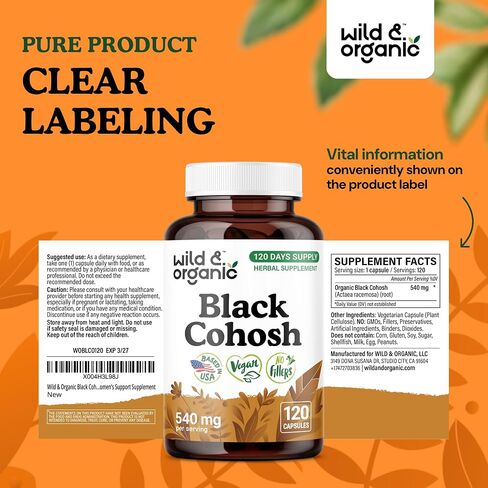 Cohosh الأسود البري والعضوي للنساء كبسولات 540 ملغ - الدعم الطبيعي - ملحق جذر Cohosh الأسود - Actaea Racemosa Herb - 90 يومًا من الإمداد - نباتي ، بدون مواد حشو ، غير معدلة وراثيا - 90 in Saudi Arabia