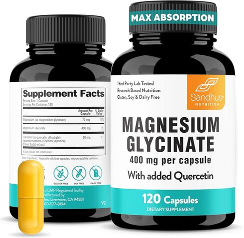 Sandhu's Magnesium Glycinate 400mg Capsules with Quercetin | Quality Sleep, Relaxation, Muscle Health & Immune Support | 120 Count (Pack of 1) | Easy to Swallow | for Women and Men in Kuwait