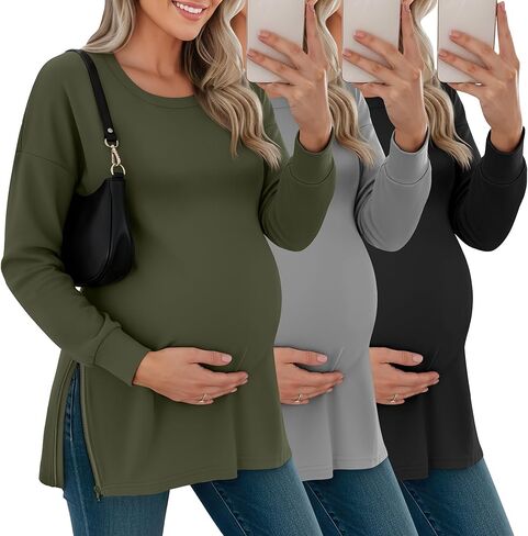 3 حزمة قمصان الأمومة للسيدات الأمومة طويلة الأكمام القمصان القطن سستة مقسمة جانبية منافذ الملابس الفضفاضة غير الرسمية in Kuwait