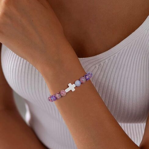 JoycuFF Cross Bracelet for Women Christian Faith Gifts Catholic ReligiousEaster Christian Jewelry, Meaningful Baptism Communion Natural Beads Bracelets in Saudi Arabia