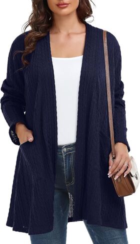BELAROI Womens Open Front Cardigan Cable Knit Sweaters Plus Size Long Sleeve Tops Loose Fall Outwear Coat with Pockets in Kuwait