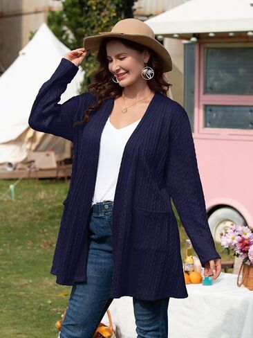 BELAROI Womens Open Front Cardigan Cable Knit Sweaters Plus Size Long Sleeve Tops Loose Fall Outwear Coat with Pockets in Kuwait