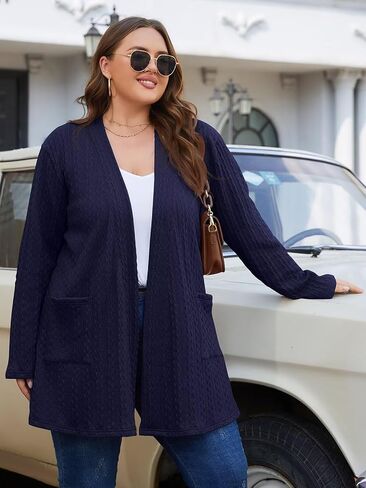 BELAROI Womens Open Front Cardigan Cable Knit Sweaters Plus Size Long Sleeve Tops Loose Fall Outwear Coat with Pockets in Kuwait