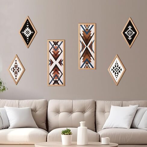 She Love Large Western Aztec Wall Decor 6Pcs, Thicker Wooden Double Layer Boho Geometric Tribal Wall Art Southwestern Rustic Country Farmhouse Home Decor for Living Room Bedroom Kitchen Bathroom in Kuwait