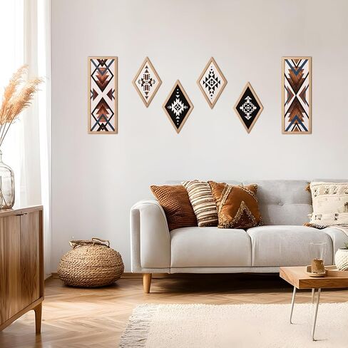 She Love Large Western Aztec Wall Decor 6Pcs, Thicker Wooden Double Layer Boho Geometric Tribal Wall Art Southwestern Rustic Country Farmhouse Home Decor for Living Room Bedroom Kitchen Bathroom in Kuwait