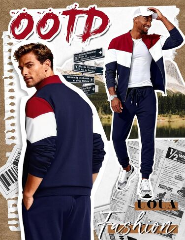 UOUA Men's Tracksuits Set Full Zip Jacket & Sweatpants 2 Piece Athletic Jogging Suits Casual Sports Color Block Outfit in Saudi Arabia