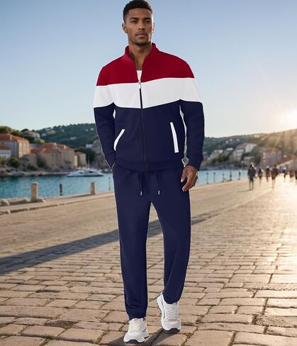UOUA Men's Tracksuits Set Full Zip Jacket & Sweatpants 2 Piece Athletic Jogging Suits Casual Sports Color Block Outfit in Saudi Arabia