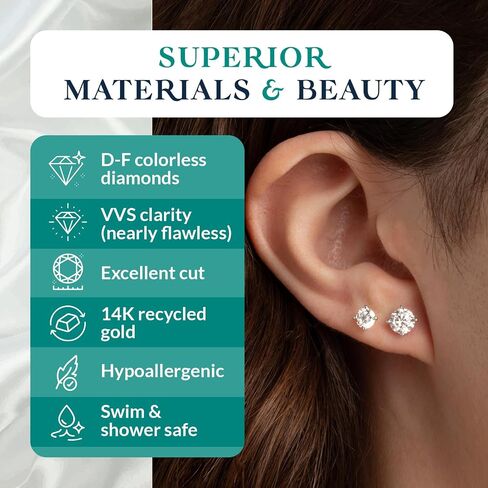 أقراط SARV 1/4-1 CTTW Solitaire Lab Grown Diamond للنساء من الذهب عيار 14 قيراط | 4 شقوق، قطع دائري ممتاز | لون D-F، وضوح VS-VVS | شهادة IGI 1 قيراط وأكثر | لا يسبب الحساسية | جاهز للهدايا in Saudi Arabia