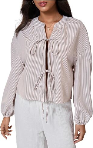 SweatyRocks Women's Striped Bow Long Sleeve Shirts Tie Front Loose Blouse Going Out Tops in Saudi Arabia