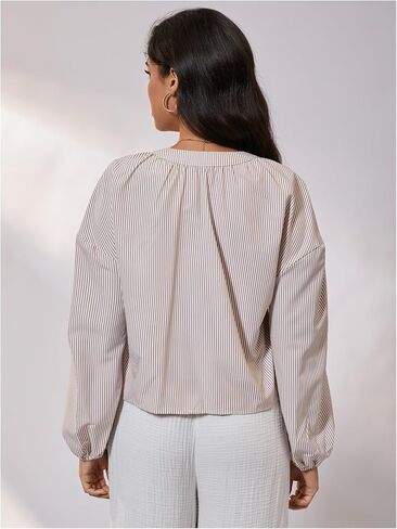 SweatyRocks Women's Striped Bow Long Sleeve Shirts Tie Front Loose Blouse Going Out Tops in Saudi Arabia