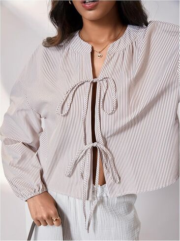 SweatyRocks Women's Striped Bow Long Sleeve Shirts Tie Front Loose Blouse Going Out Tops in Saudi Arabia